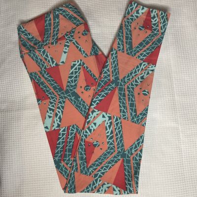 New Woman’s LuLaRoe Peach Coral Dark Seafoam Mint Geo Pattern Leggings OS